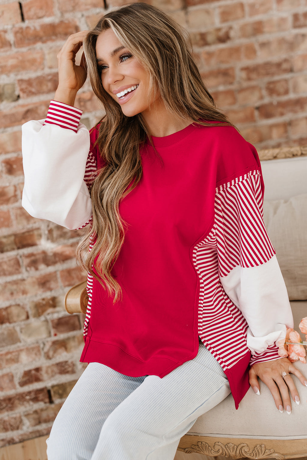 Racing Red Striped Patchwork Sleeve Colorblock Sweatshirt 6ec3dbe55e4031f0