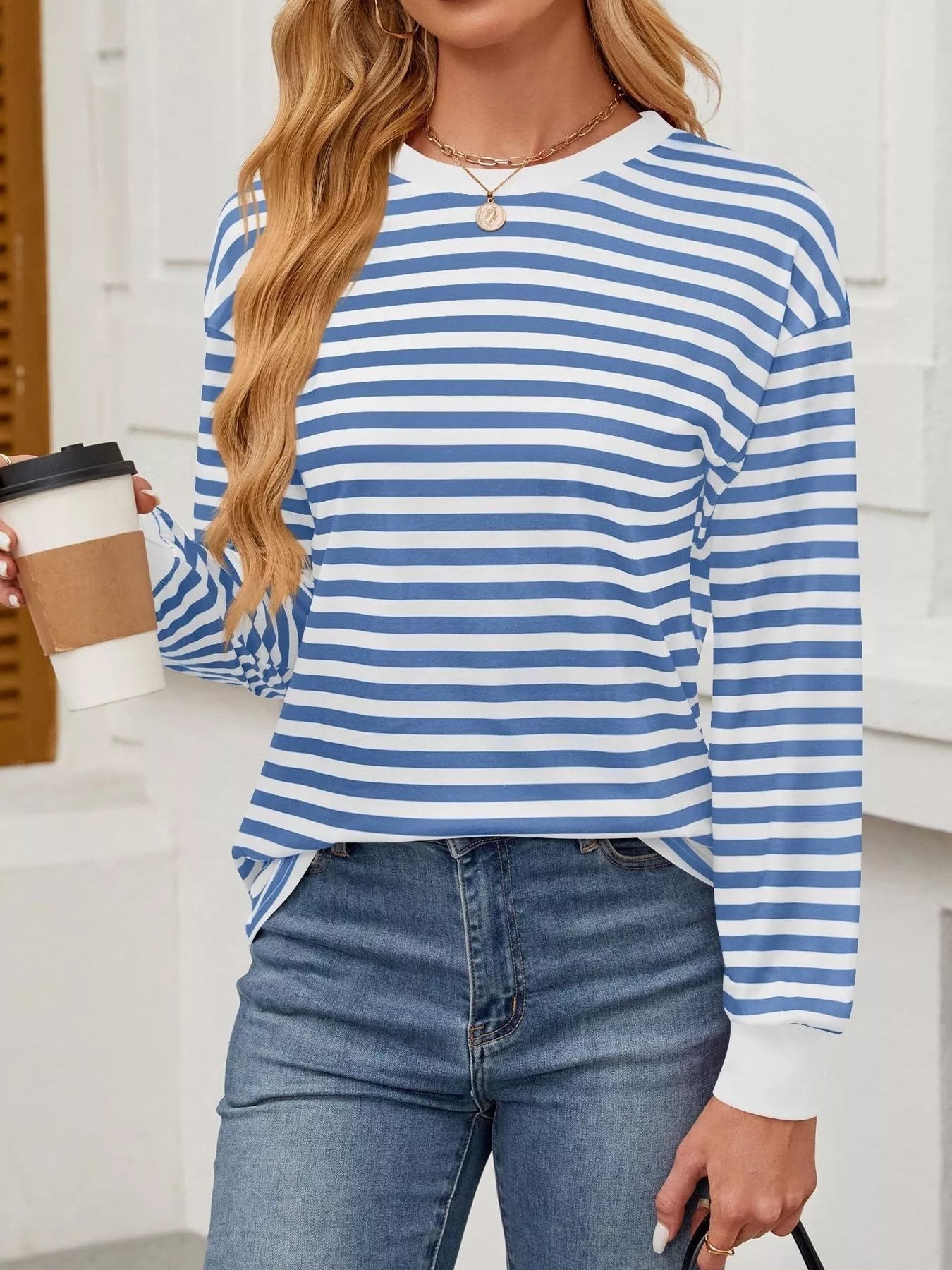 Striped Round Neck Long Sleeve T-Shirt Light Blue 6ec57e9bc014464ea51462c20974c00e-Max-Origin