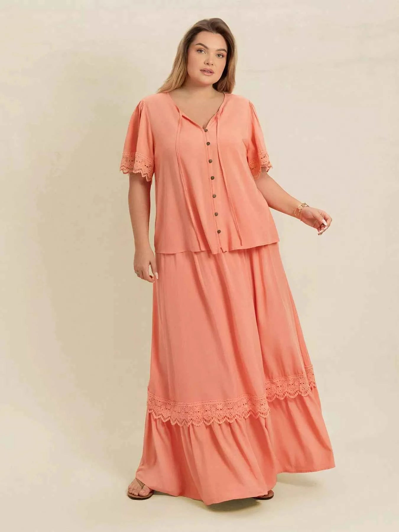 Plus Size Lace Detail Tie Neck Top and Skirt Set Coral 6ec7bce1-0320-491c-8451-96dd1803c8a5-Max-Origin