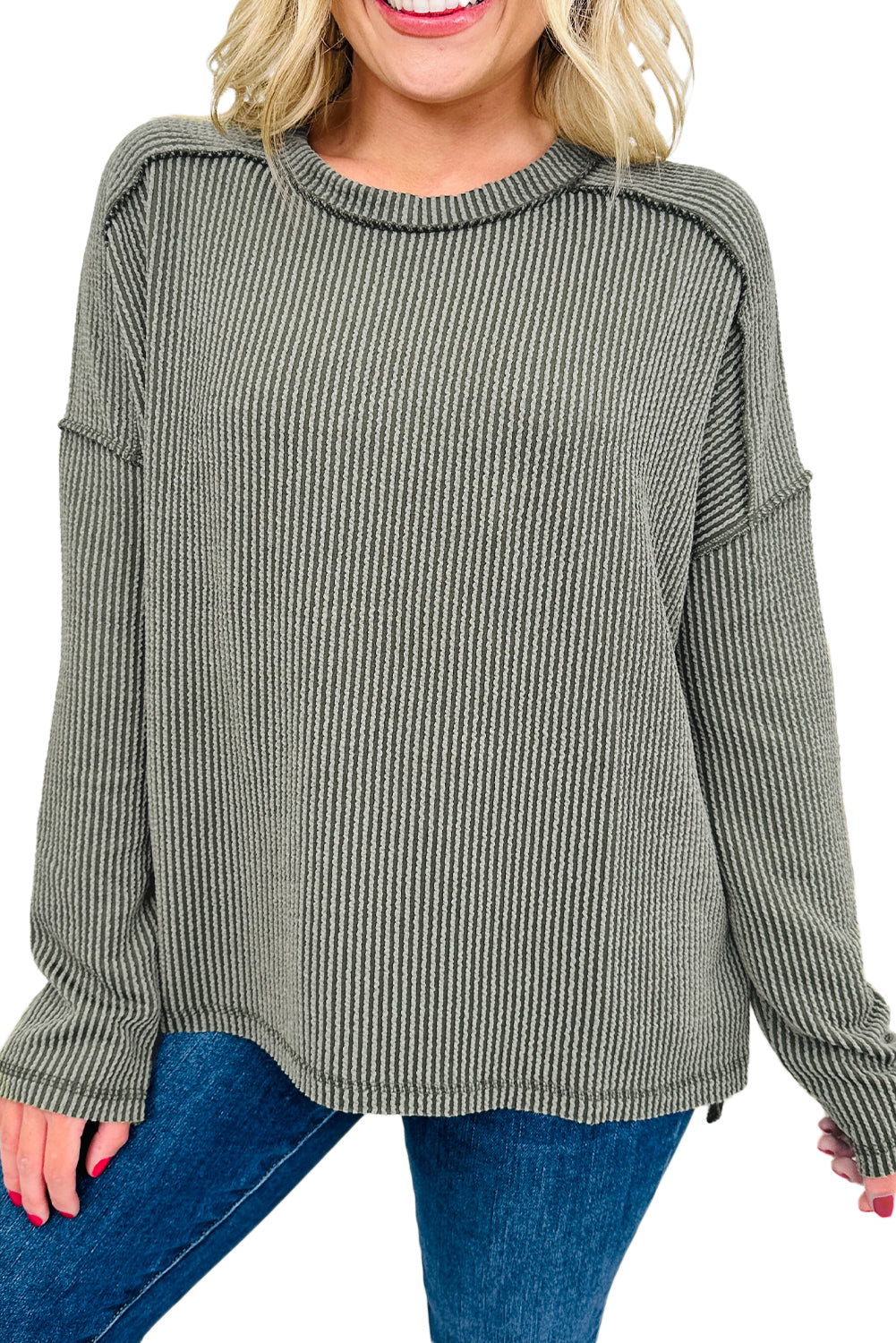 Green Bay Twisted Rib Exposed Seam Detail Long Sleeve Loose Top Green Bay 75%Polyester+20%Viscose+5%Elastane 6ec8f28c80935637