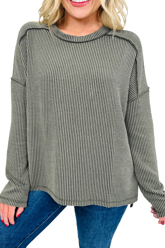 Green Bay Twisted Rib Exposed Seam Detail Long Sleeve Loose Top Green Bay 75%Polyester+20%Viscose+5%Elastane 6ec8f28c80935637