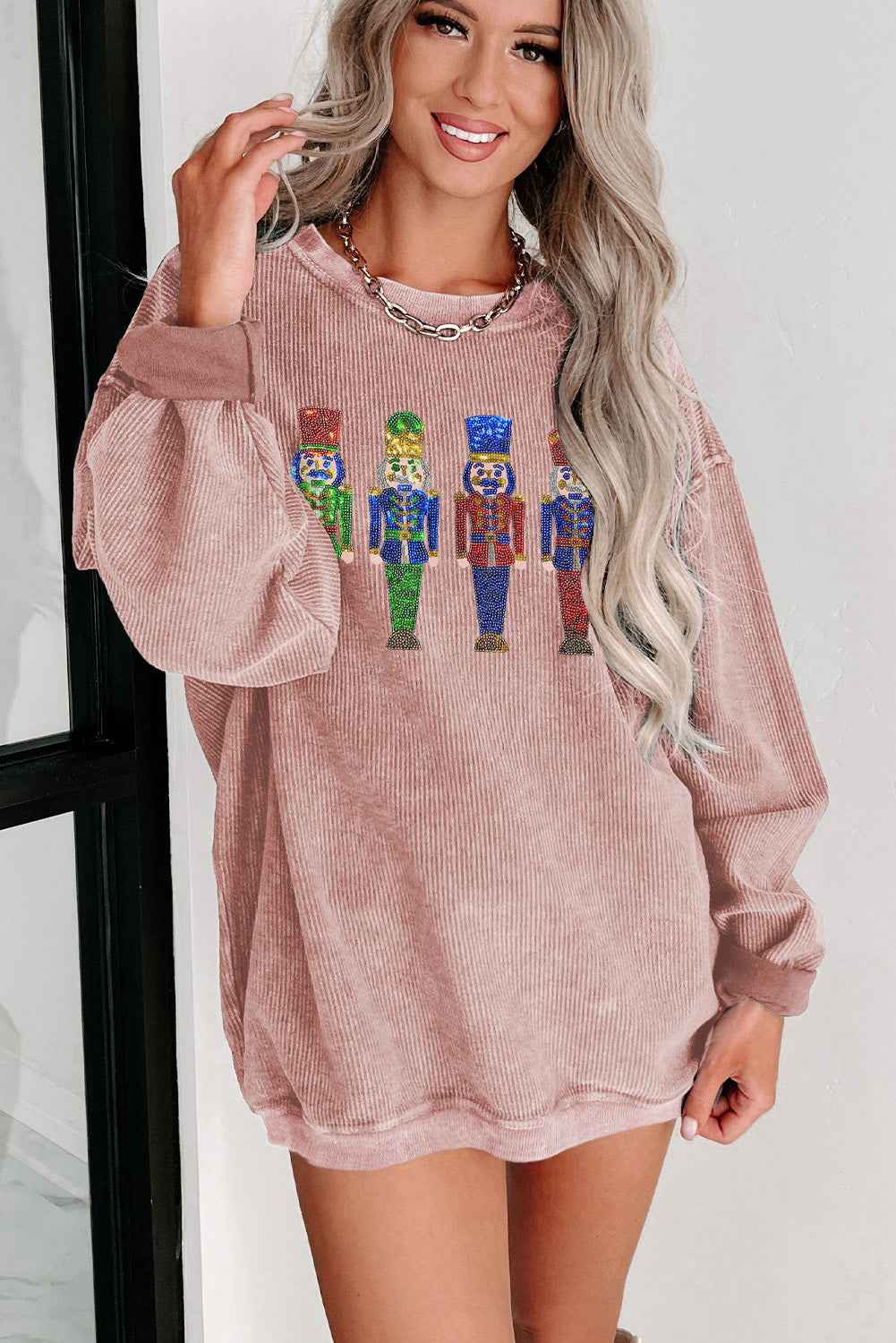 Gray Christmas Nutcracker Graphic Sequins Patch Corded Baggy Sweatshirt 6ec93f291fe382cc