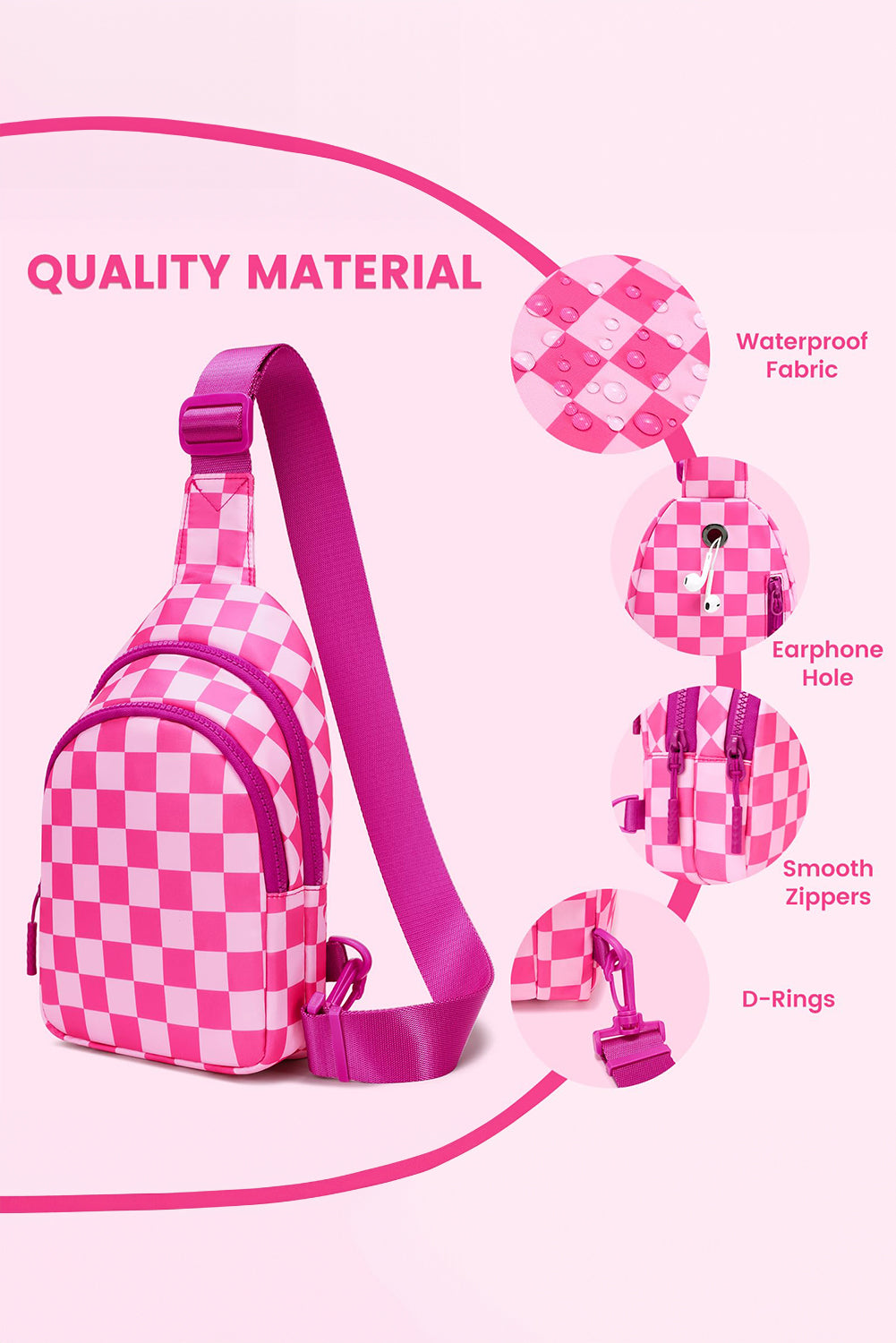 Rose Red Checkered Print Zip Front PU Crossbody Bag 6ed9161e085417cd