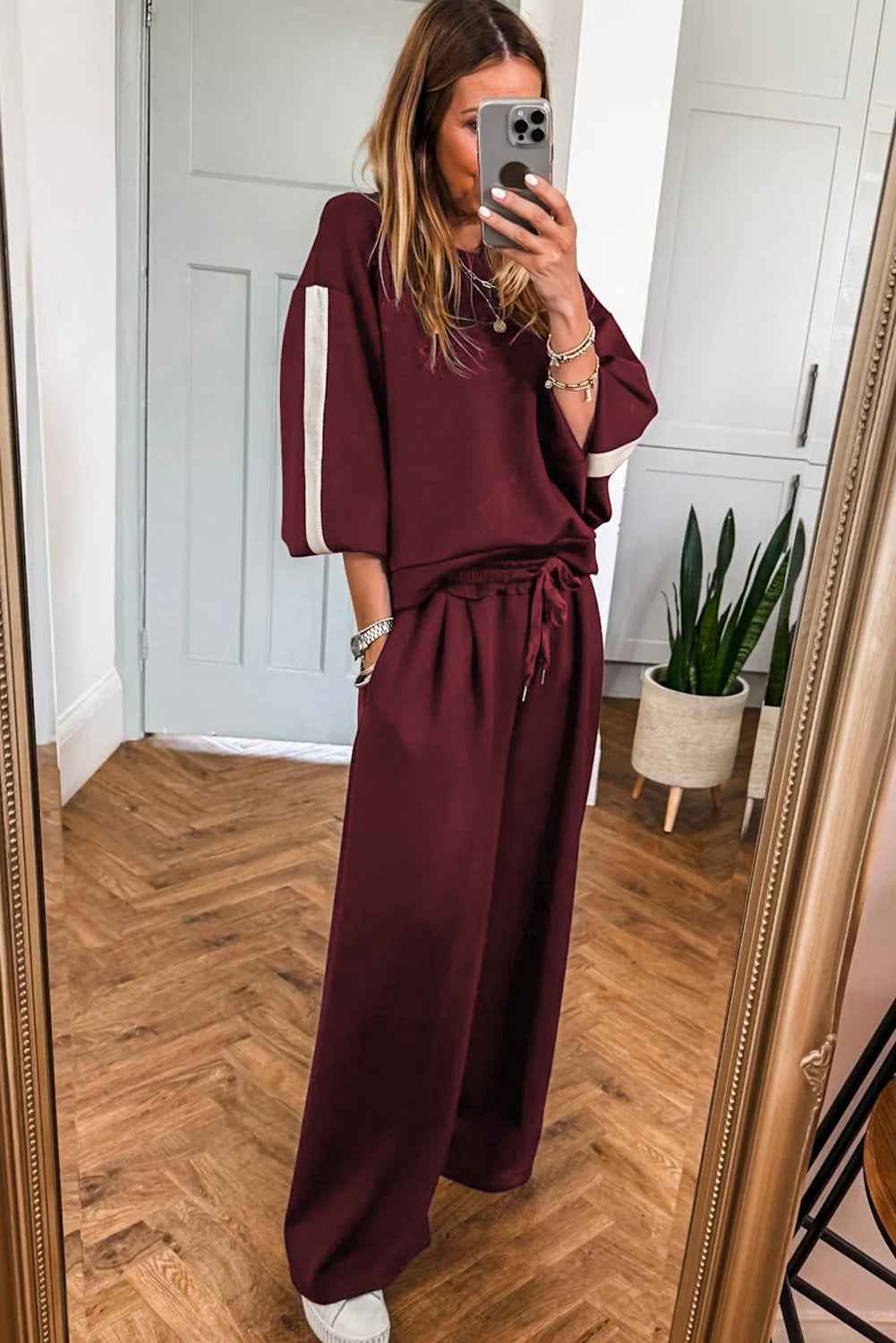 Burgundy Varsity Striped 3/4 Sleeve Pullover Drawstring Sweatpants Set 6edab9fa0b435dc9