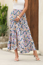 Sky Blue Bohemian Floral Print Tiered Maxi Skirt with Split Sky Blue 100%Polyester 6edae33e20220347