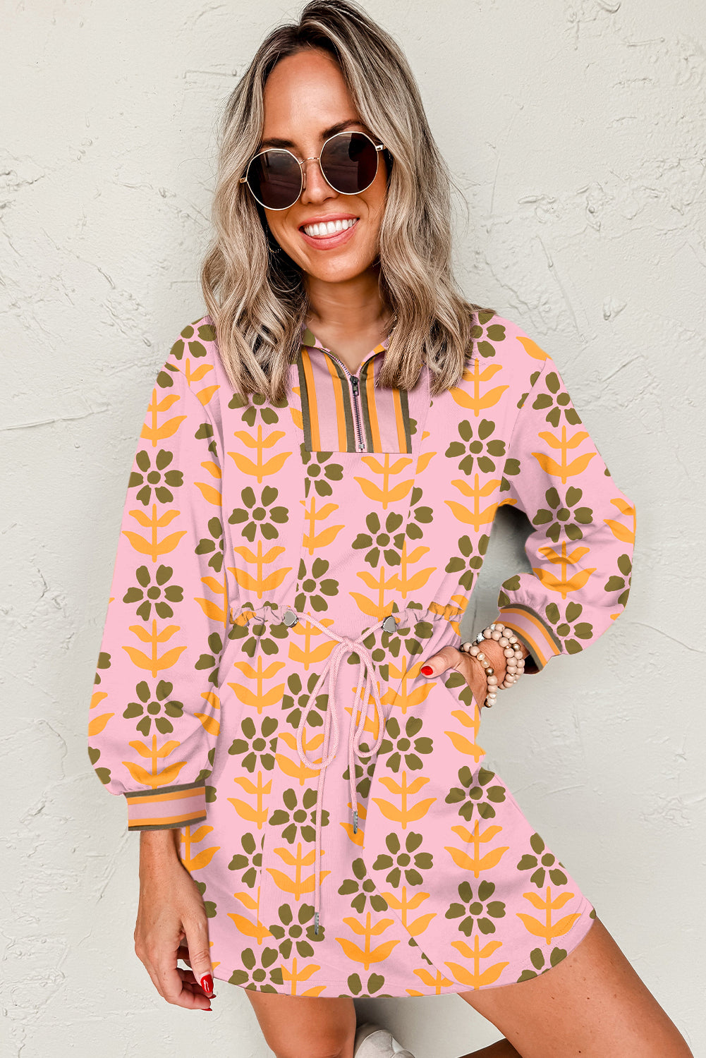 Pink Floral Print Zip Neck Striped Patchwork Long Sleeve Drawstring Dress 6edc6a36a6346425