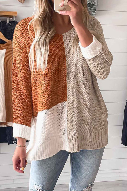 Chestnut Color Block Knit V Neck Loose Sweater Chestnut 75%Acrylic+25%Polyamide 6edf3abb062eca9e