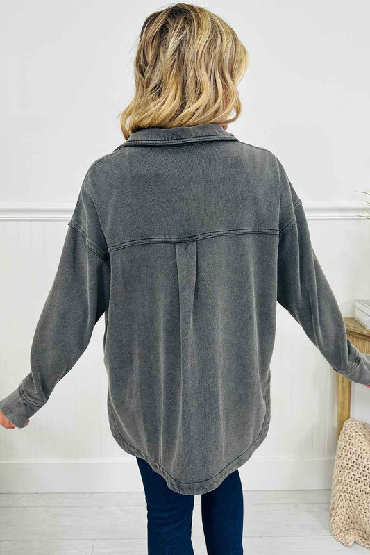 Medium Grey Mineral Wash Chest Pockets Drop Shoulder Shacket with Side Slit 6ee43ebc826897c2