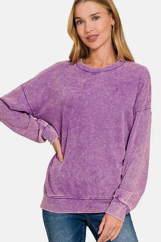 Zenana Washed Round Neck Dropped Shoulder Sweatshirt 6eec713d-a963-4af8-aafd-f80279a5c866-Max
