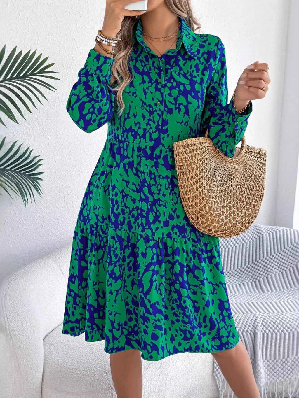 Printed Collared Neck Long Sleeve Dress Green 6eed80fe097a4d269b8a56ac061b4794-Max-Origin
