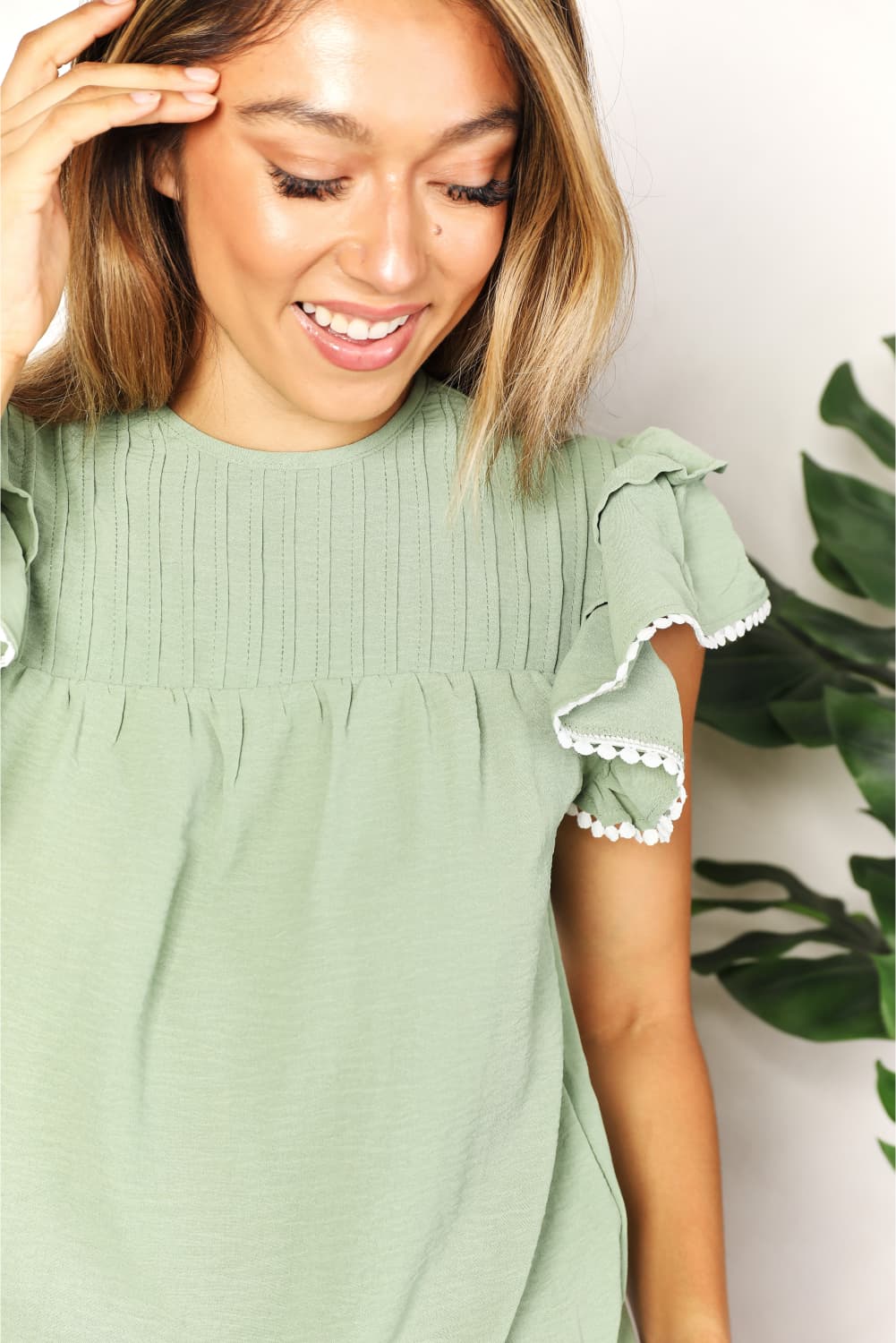 Perfee Pleated Detail Flutter Sleeve Blouse 6eee0d8798f94ec89668af5e045d9731-Max
