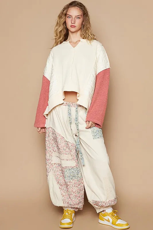 POL Waffle-Knit Contrast Notched Long Sleeve Knit Top 6eefc6a4-b075-4eaf-a496-4fa3a365b9c7-Max