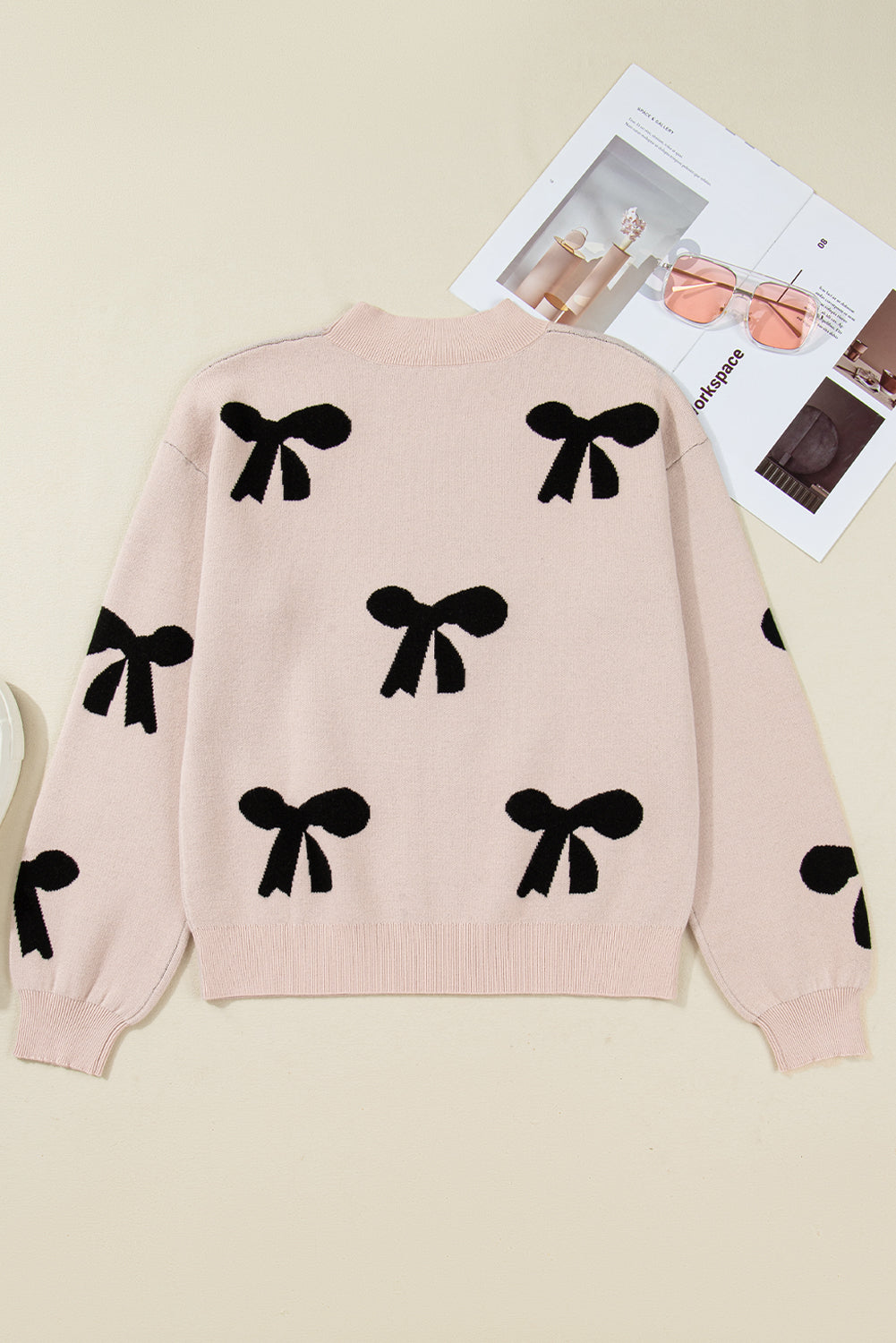 Smoke Gray Pearl Embellished Bow Pattern Loose Sweater 6ef270d172f1bc2d