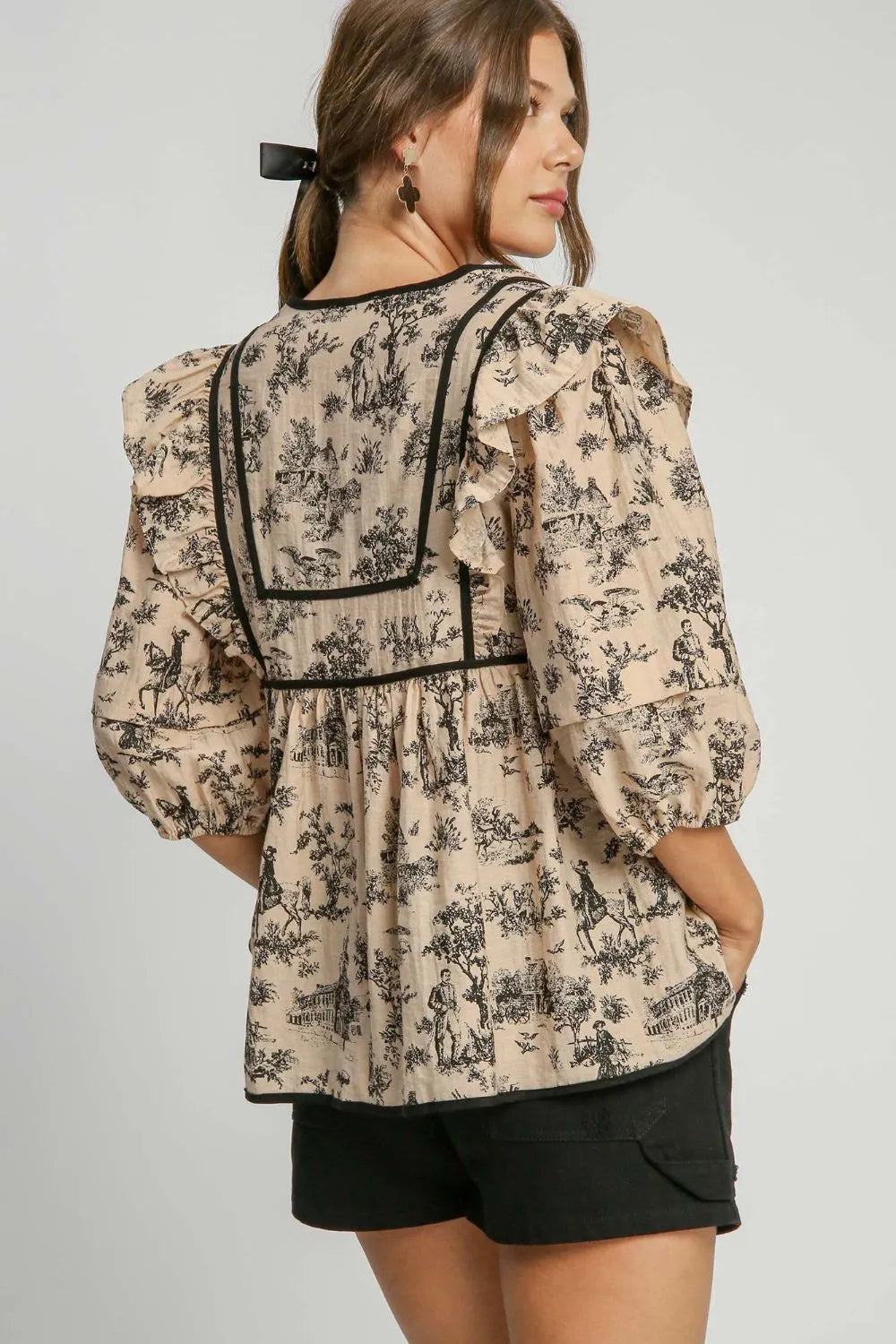 Umgee Ruffled Tie Neck Puff Sleeve Babydoll Blouse 6ef2b584-3b99-4358-84a4-49f440903c97-Max