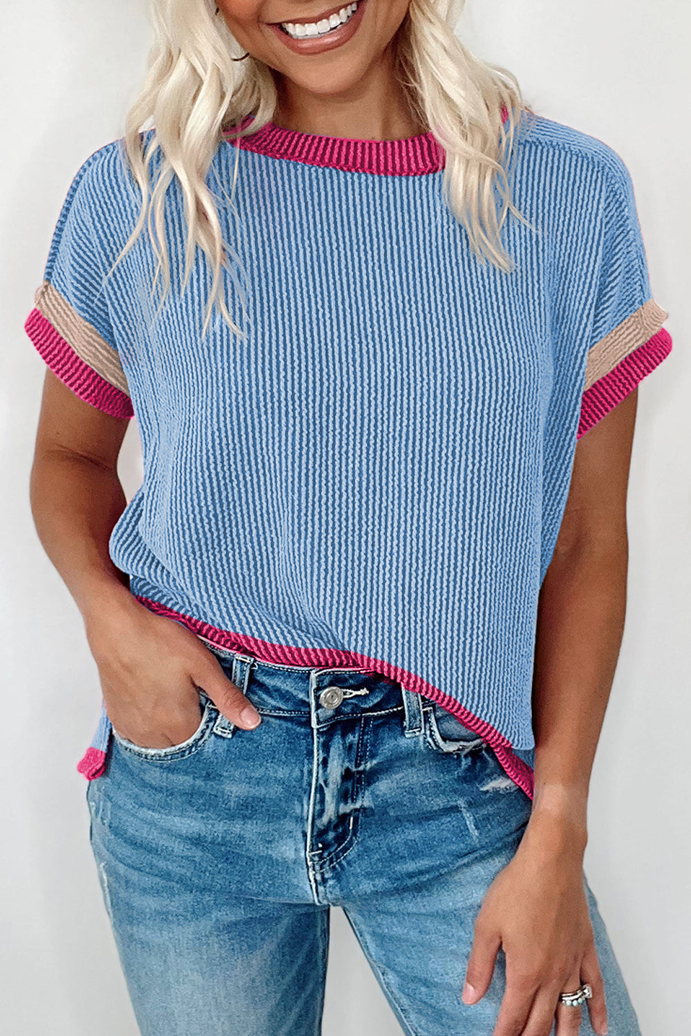 Rose Red Textured Colorblock Round Neck T Shirt 6ef4975f291aeb78
