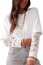 White Fake Two-Piece Lace Long Sleeve Drop Shoulder Tee 6efb704f2d7c3c2c