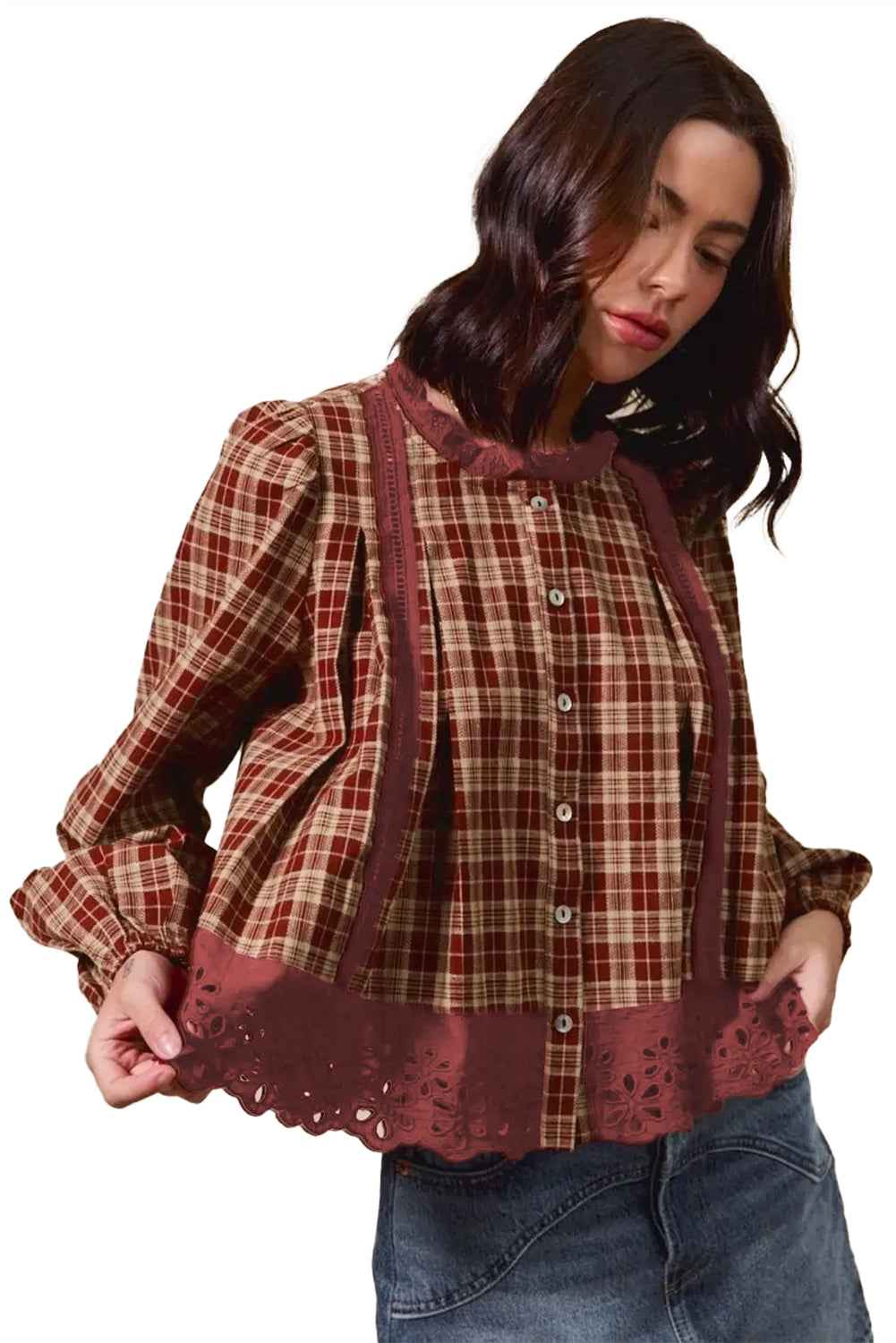 Red Dahlia Plaid Lace Hem Button Down Shirt 6efbfce4f86e45b3