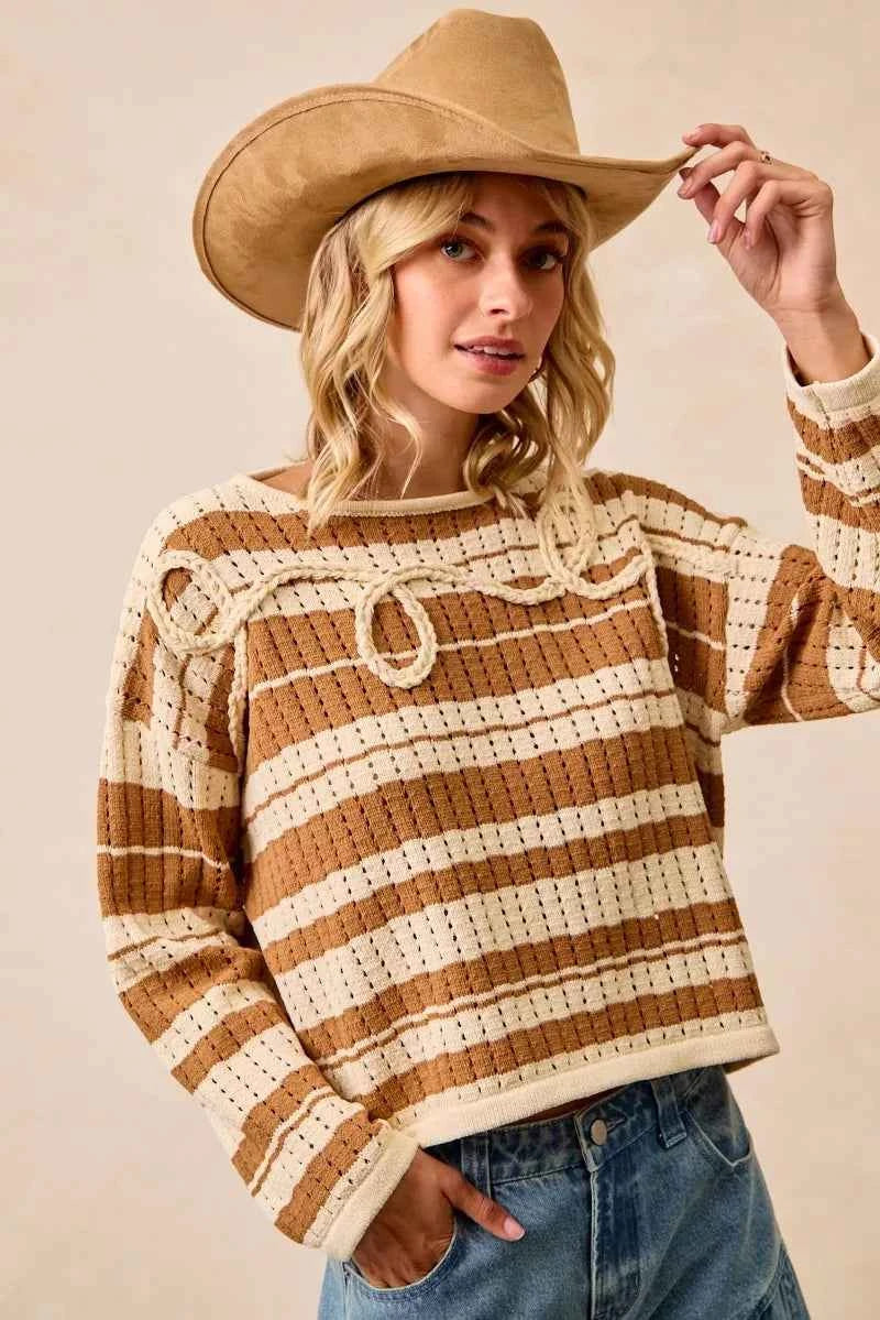 BiBi Striped Open Knit Sweater Top with Front Braided Detail 6f0d2249d88a4fd48352b6a6ae14e9e1-Max-Origin