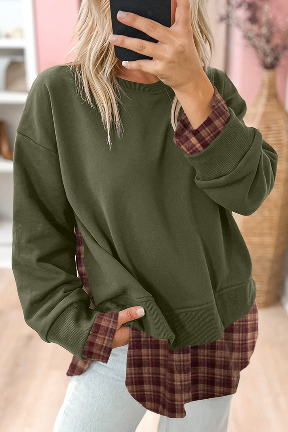 Moss Green Vintage Plaid Patchwork Drop Shoulder Sweatshirt Moss Green 65%Polyester+35%Cotton 6f0da8b6a0671cf5