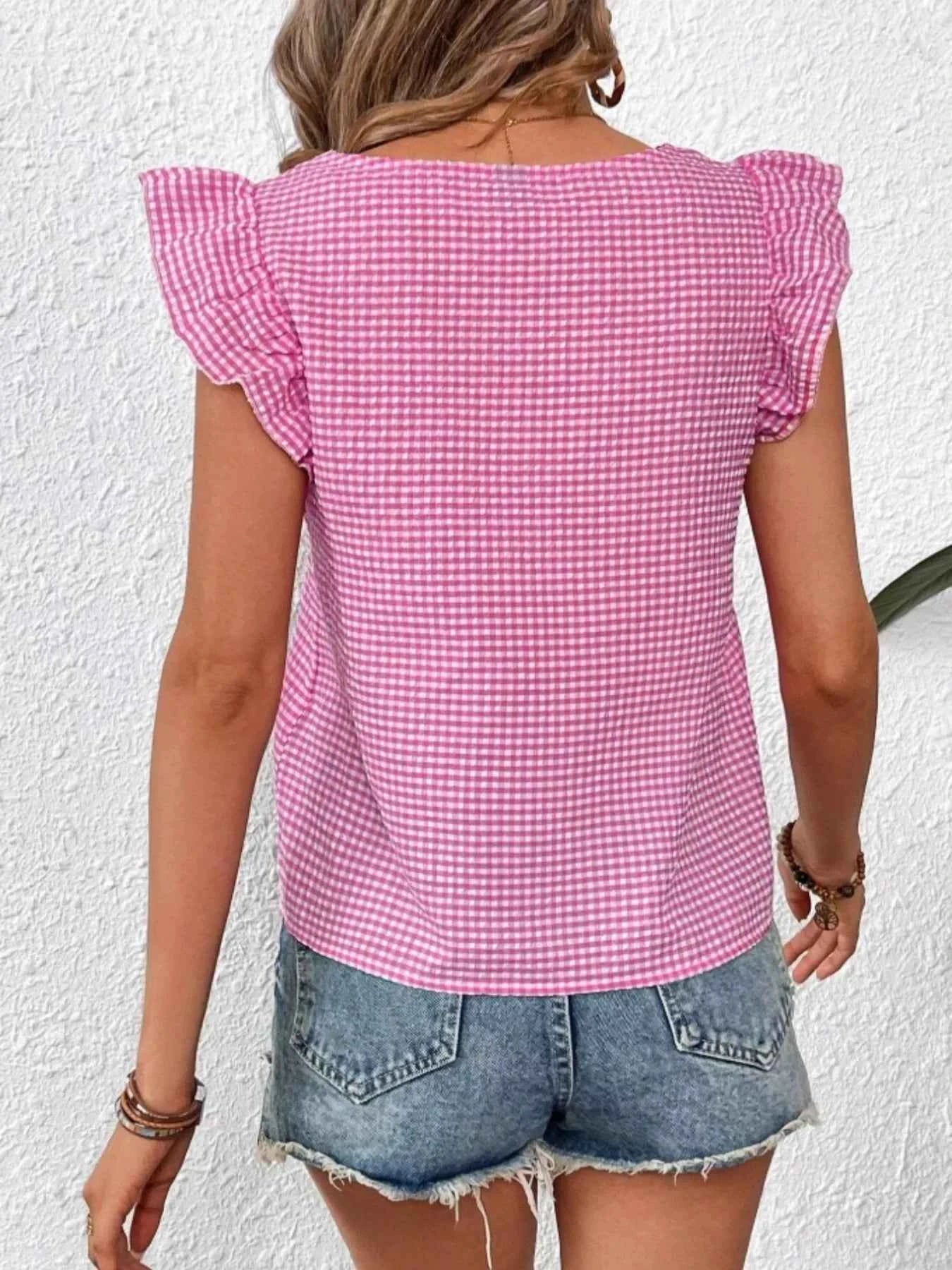 Gingham Ruffle Sleeve Square Neck Blouse 6f0f87b4-d9e8-47a5-8d9f-3508b58fe7a8-Max-Origin