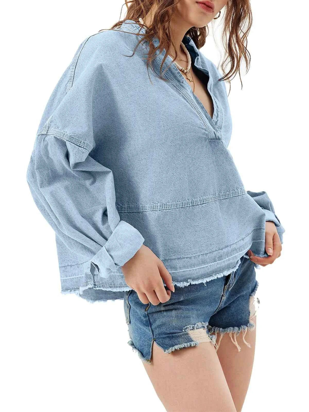 Raw Hem Long Sleeve Denim Top 6f100723-2f55-42de-9209-79f7de994a5e-Max-Origin