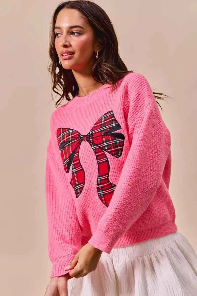 SO ME Checker Plaid Ribbon Christmas Holiday Sweater 6f10d59398a043c3953eacad4a46403b-Max-Origin