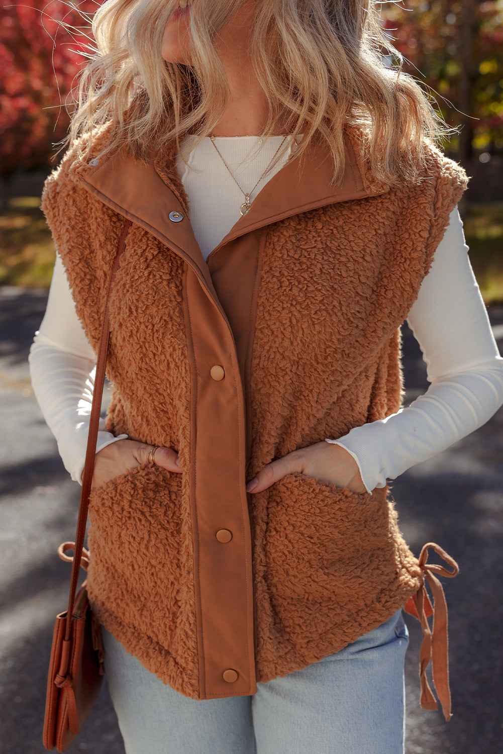 Beige Faux Fur Snap Button Front Knot Side Plush Vest 6f135284b70e7c07