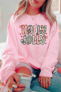 Pink HOLLY JOLLY Graphic Heat Transfer Printing Christmas Sweatshirt Pink 50%Polyester+50%Cotton 6f15a1878401d12a