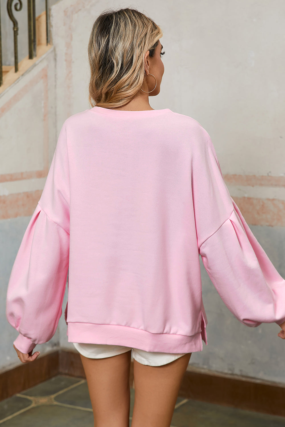 Light Pink Sweet Bow Lantern Sleeve Oversized Pullover Sweatshirt 6f1a4894884a1eda