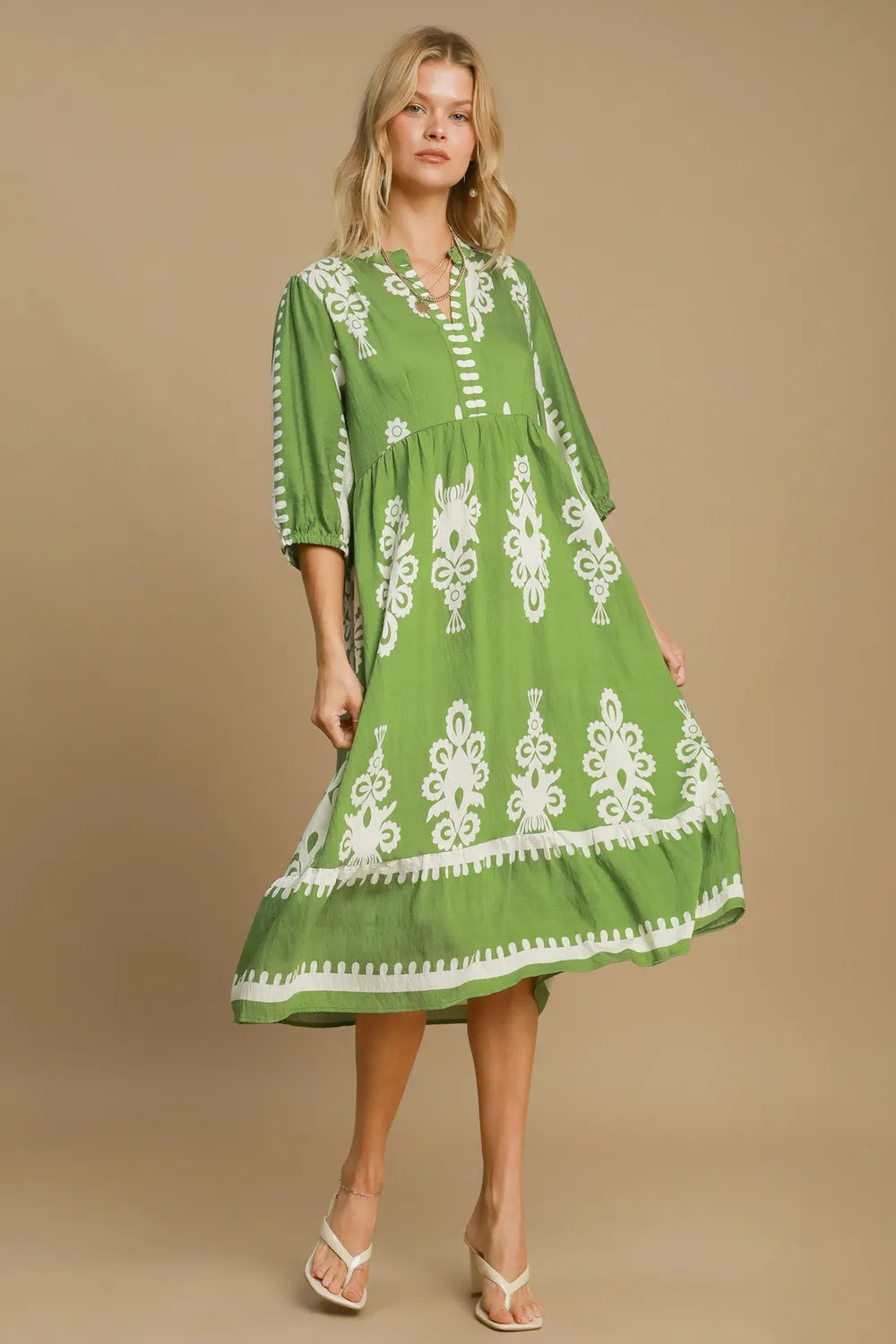 Umgee Printed Notched Midi Dress 6f220efb-3a26-4f16-a352-7a085bc99e95-Max