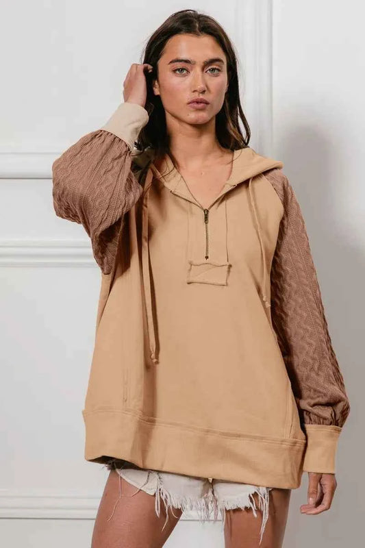 Half Zip French Terry Hoodie with Kint Sleeves TAUPE 6f28d373f2514188b0372e7fc4341676-Max-Origin