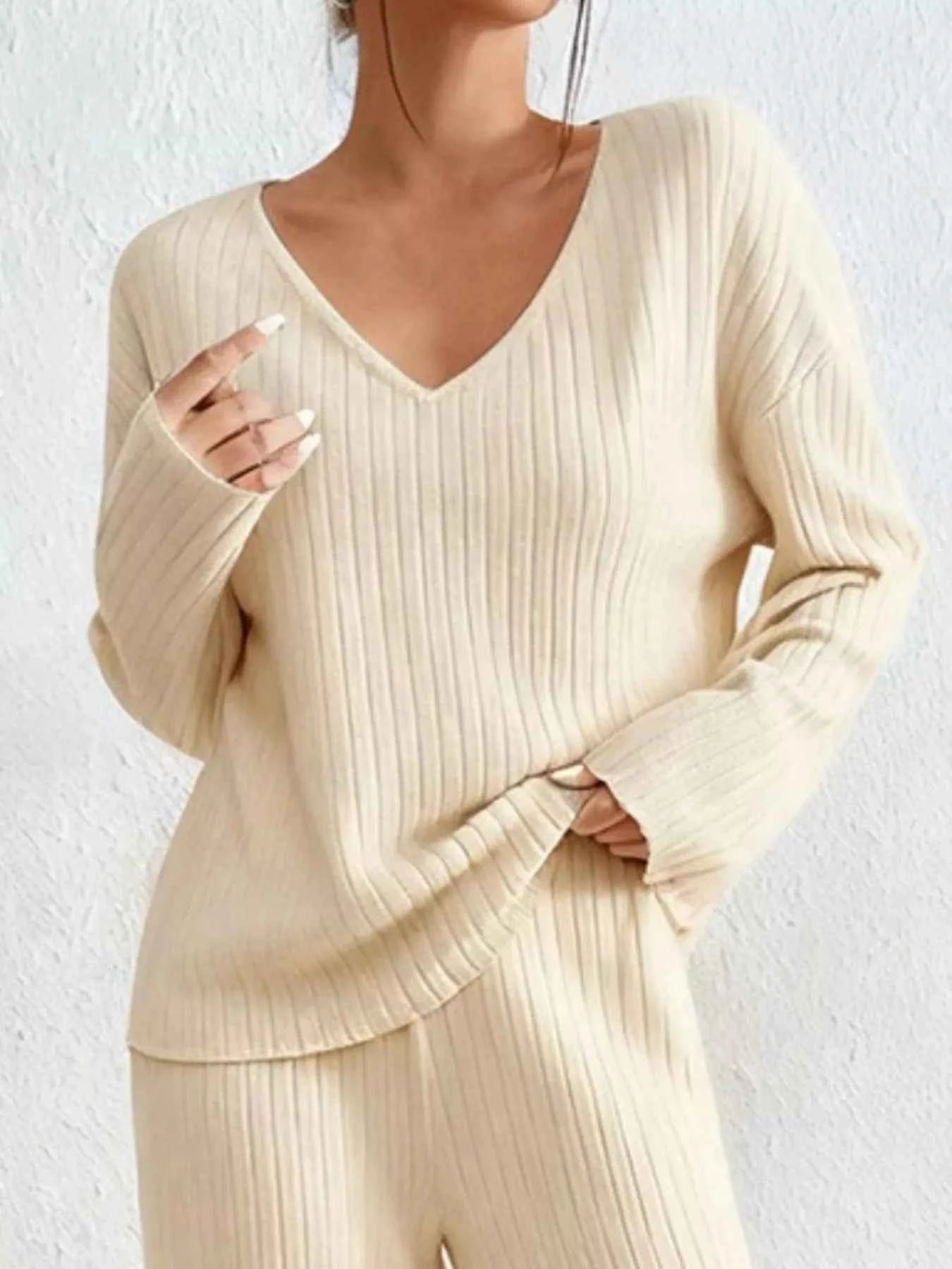 Ribbed Knit V-Neck Top and Pants Set 6f35ef1c-6262-46fb-9e96-0dc6e6cf3774-Max-Origin