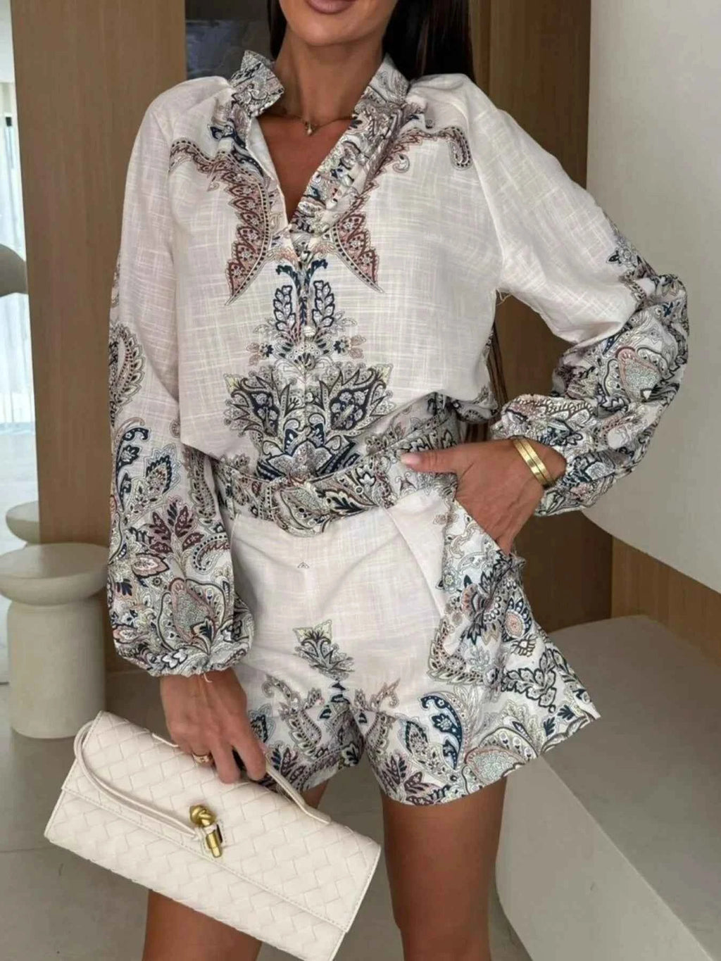Printed Long Sleeve Shirt and Shorts Set Grey 6f384272-0639-44df-9b8a-5ce9c186a819-Max-Origin