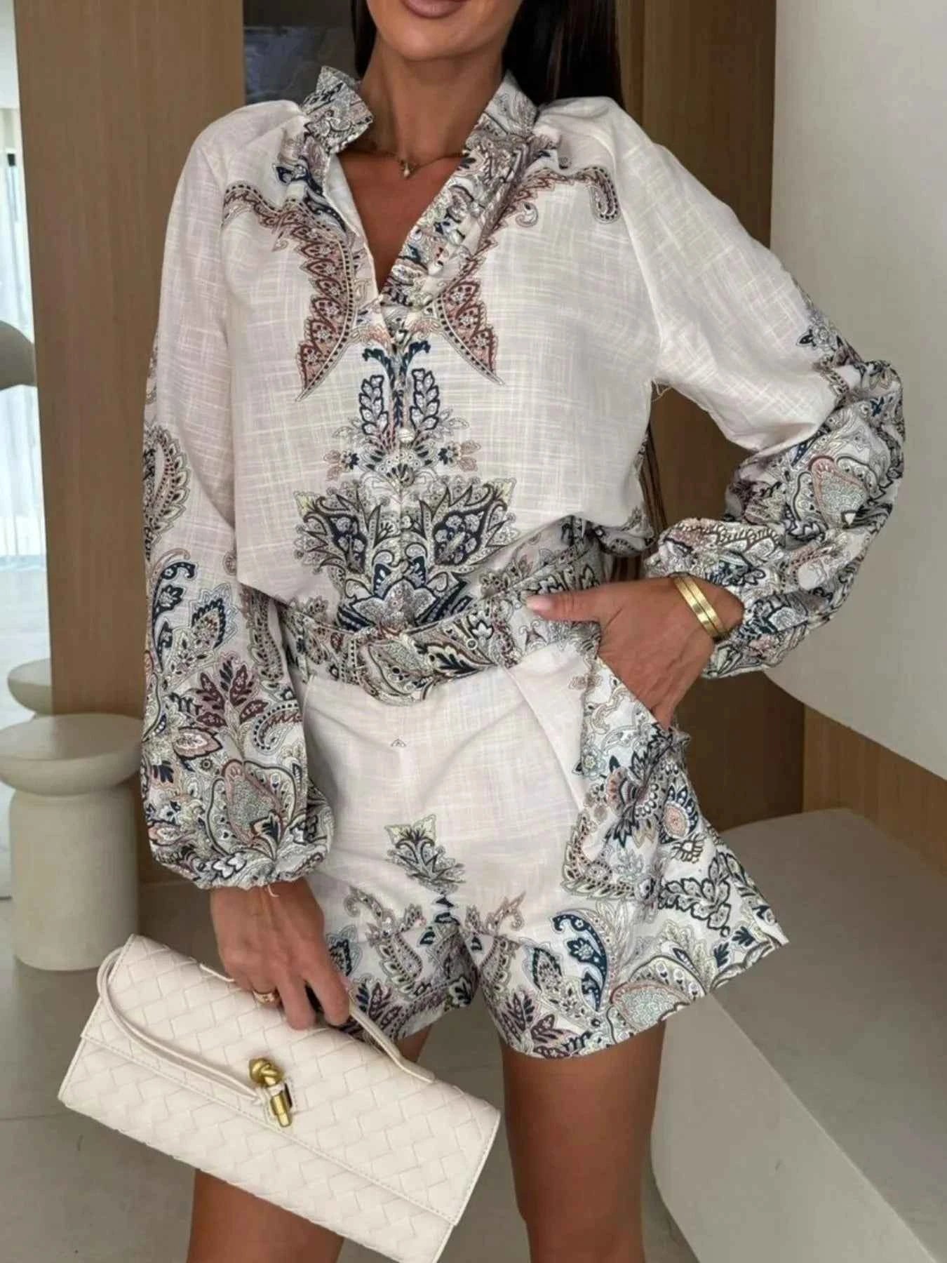 Printed Long Sleeve Shirt and Shorts Set Grey 6f384272-0639-44df-9b8a-5ce9c186a819-Max-Origin