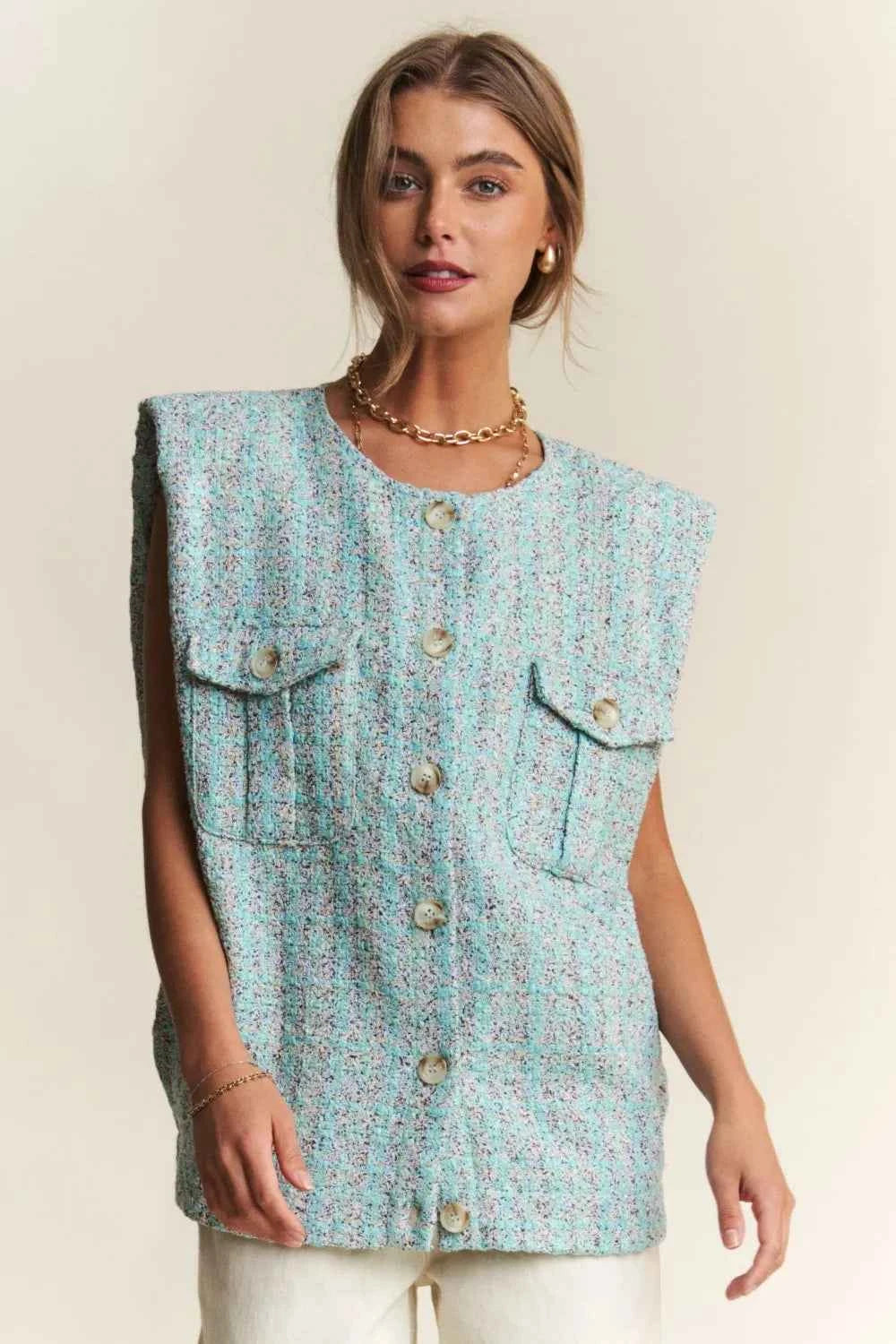 J.NNA Frayed Tweed Padded Shoulder Vest 6f38ef9b-e759-4c47-ad07-b4c3362eef60-Max