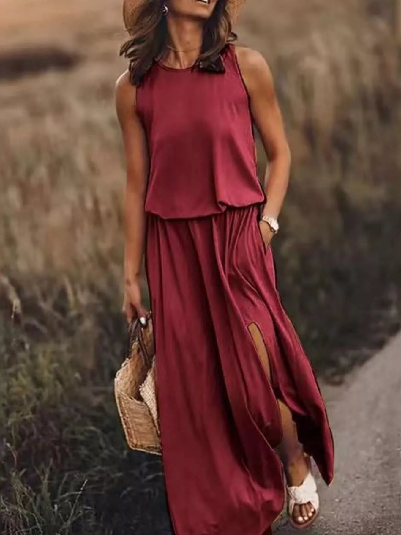 Full Size Round Neck Sleeveless Slit Maxi Dress Plus Size Burgundy 6f39ff91-3273-4284-ba54-b8c1ece39400-Max-Origin