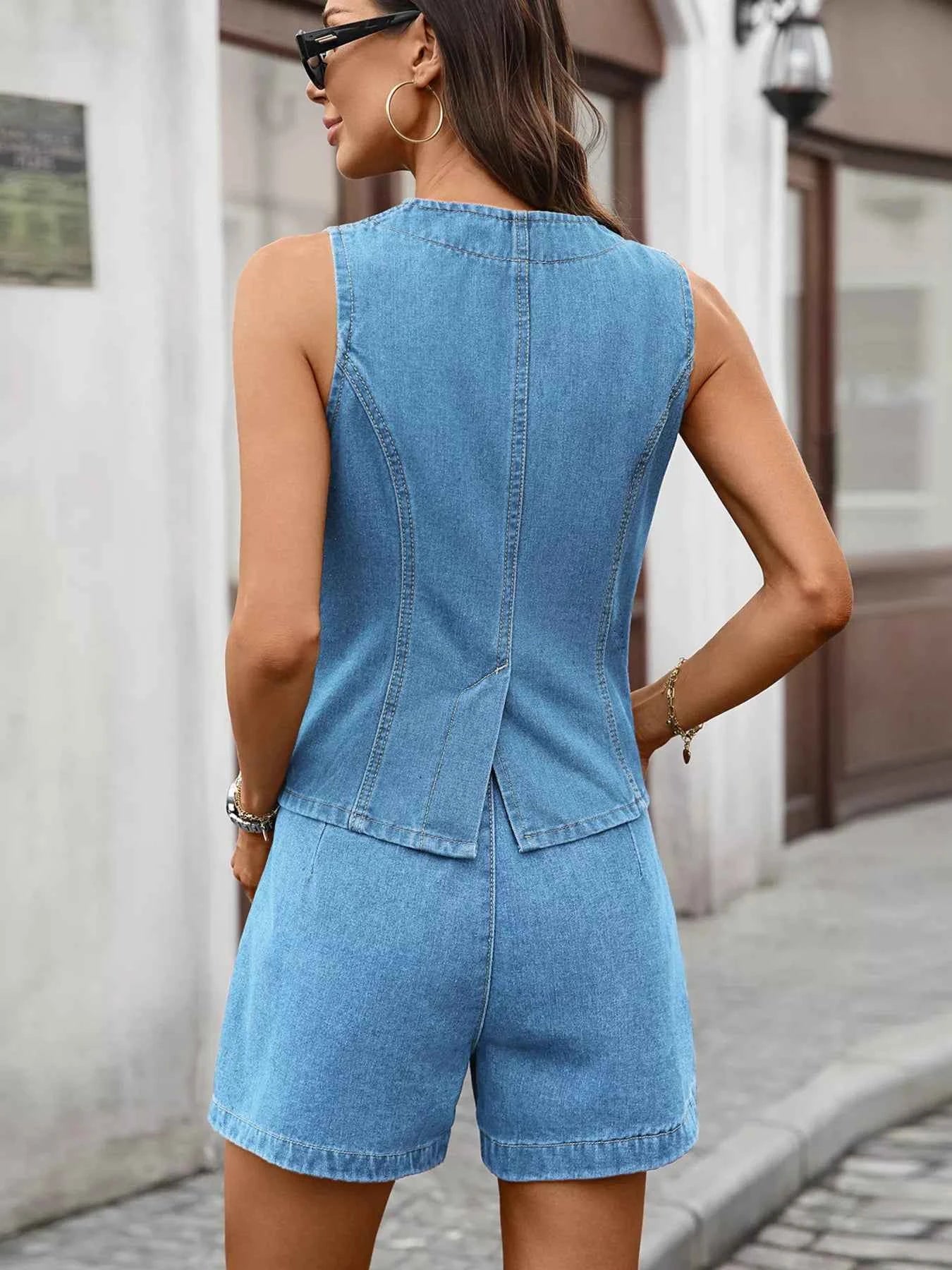 Sleeveless Button-Down Denim Vest & Shorts Set 6f3be4f2f00e41298536205ae25e1851-Max-Origin