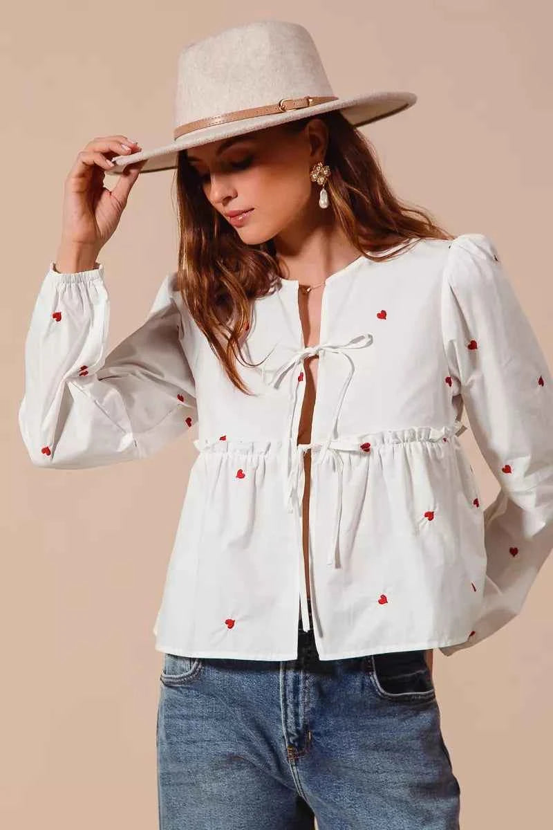 SO ME Front Tie Heart Embroidered Blouse With Puff Sleeve 6f3d71a8d4e64a69876b783cb417e474-Max-Origin