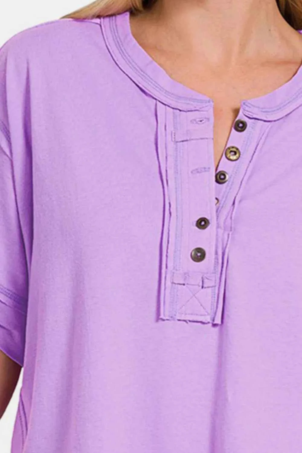 Zenana Exposed Seam Half Button Short Sleeve Top 6f43943d-9737-4d24-a868-51900aa034db-Max