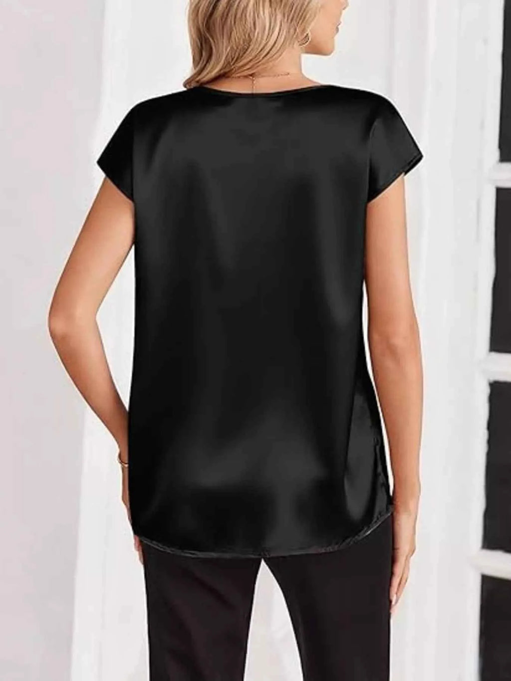 Satin V-Neck Short Sleeve Blouse 6f44954d8dbe4fde931a231e8fde0a44-Max-Origin