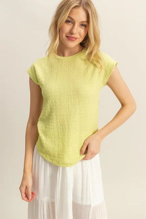 Textured Round Neck Cap Sleeve Knit Top Neon Yellow 6f464909-70d7-4505-8382-1c336d71ecb1-Max