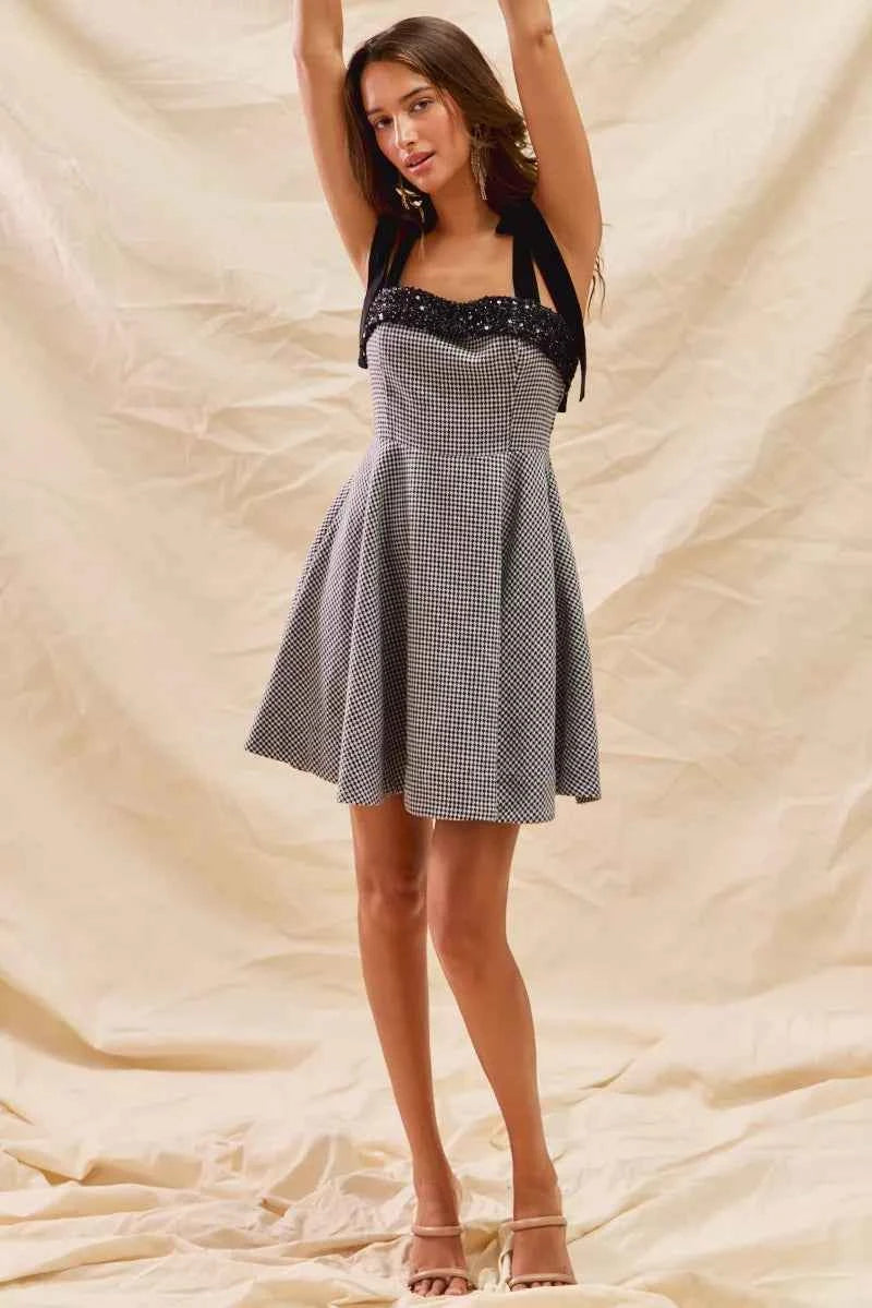SO ME Houndstooth Fit Flare Mini Dress with Shoulder Tie 6f4ad031f0a3418db208e9bcbd6fcd55-Max-Origin