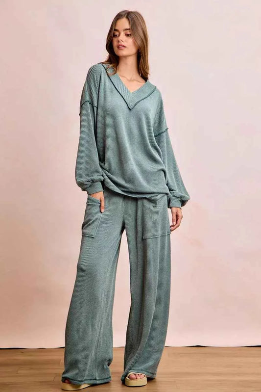 Two Tone Cord Rib Contrast Stitching V-Neck Top and Pants Set 6f4d3173d37c495882d4b5b60dffedc2-Max-Origin