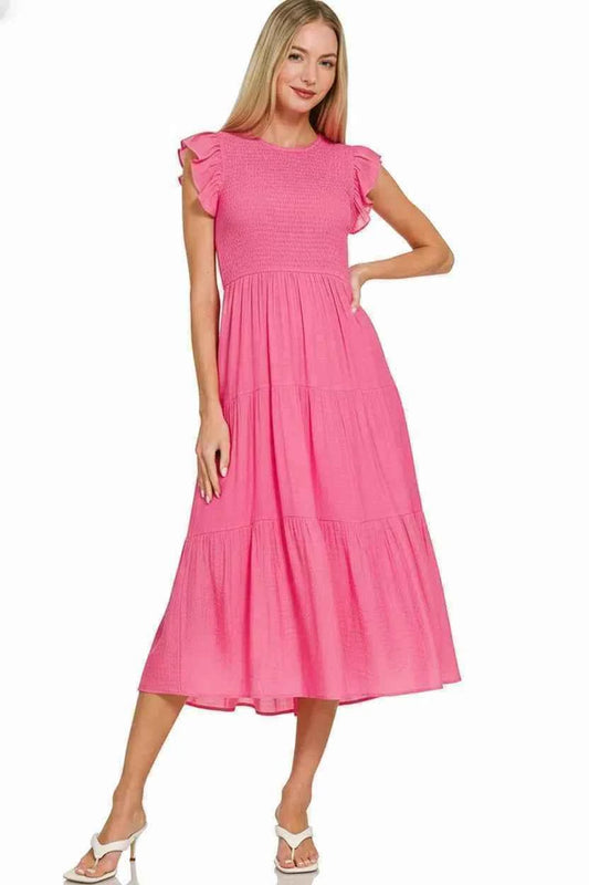 Woven Smocked Ruffle Sleeve Midi Dress 6f4fb3b2-1e97-4780-a3dd-bf4462804d05-Max-Origin