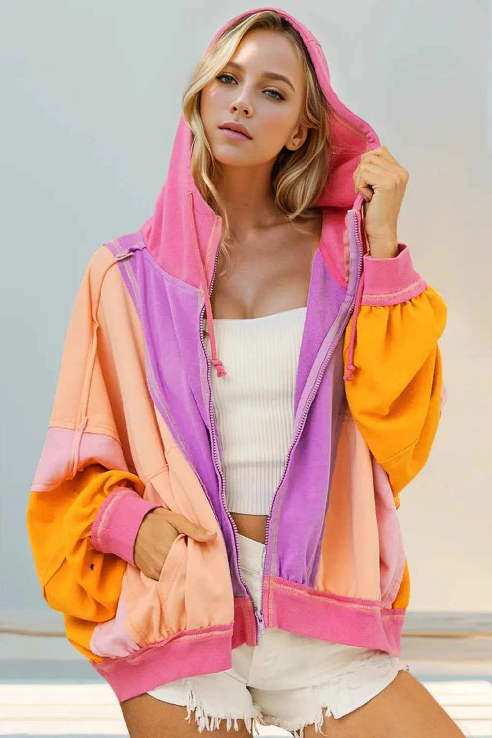 Double Take Full Size Color Block Zip Up Hoodie Heliotrope Purple 6f54328f-45d7-4128-a791-db718711c2da-Max