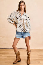 BiBi Polka Dot Corduroy Quarter Sleeves V Neck Blouse 6f5514cc3a1947ad800e7f095af30a2b-Max-Origin