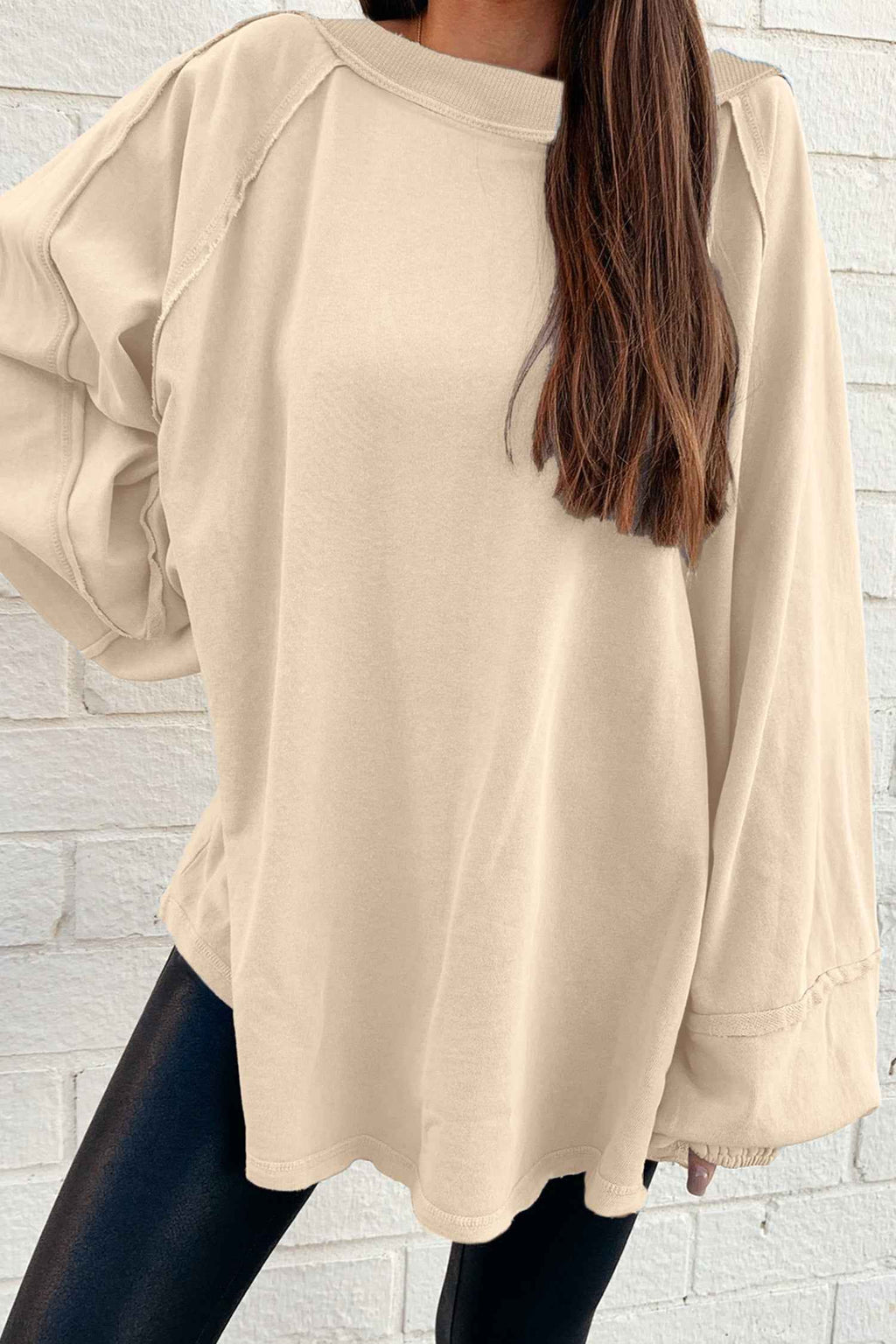 Beige Solid Color Raw Seam Patchwork Baggy Sweatshirt Beige 85%Cotton+15%Polyester 6f57570d79eac816