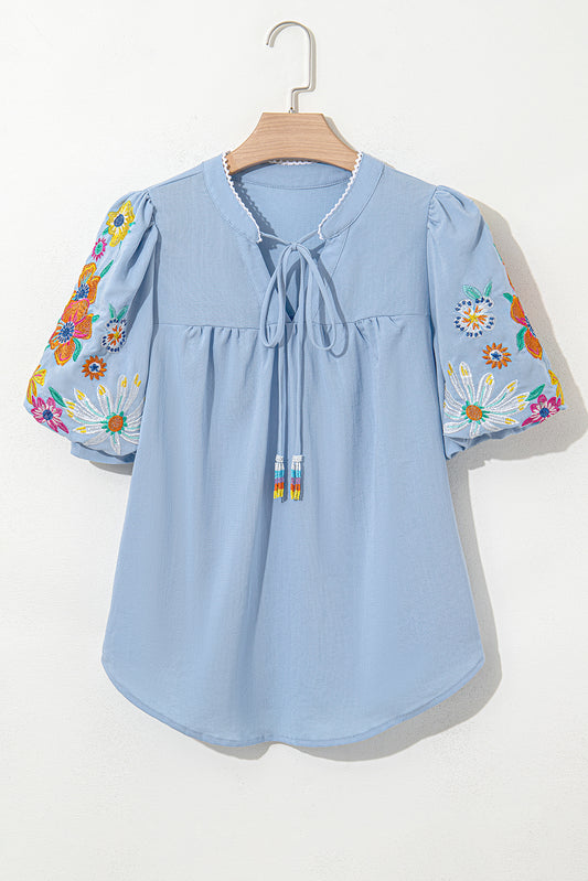 Beau Blue Floral Embroidered Puff Sleeve Split Neck Blouse 6f58bc4f47edcbc1