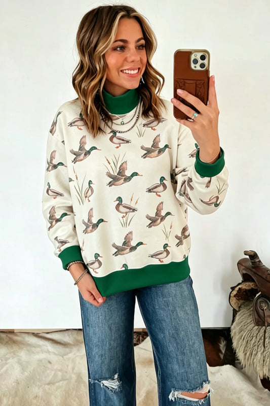 Multicolour Mallard Print Patchwork Colorblock High Neck Sweatshirt 6f5f51db48e8b93a