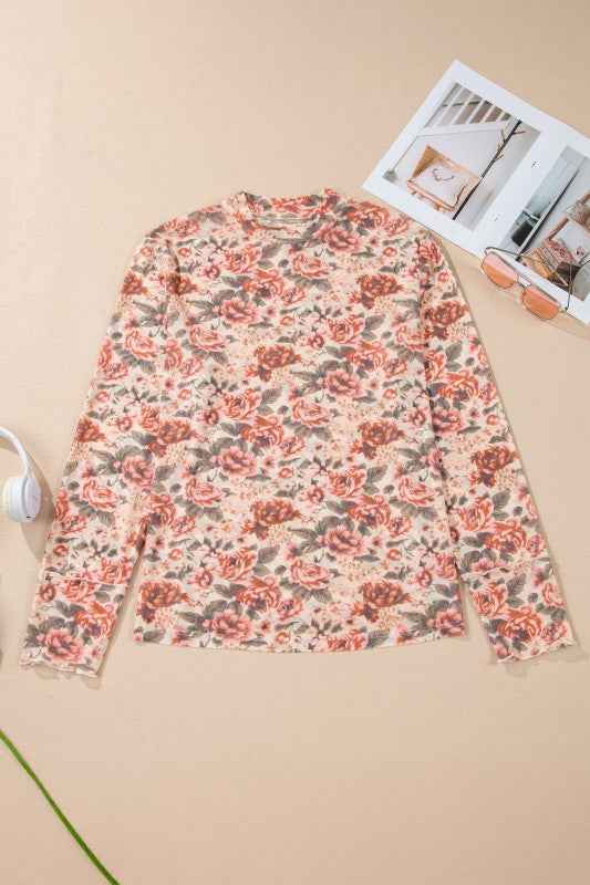 Plus Size Floral Mesh Mock Neck Top Pink 6f6403ae-66b4-494f-ad3f-f8a125efceba